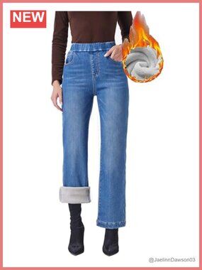 Fleece Lined Wide Leg Pull On Jeans Thermal Winter Pants